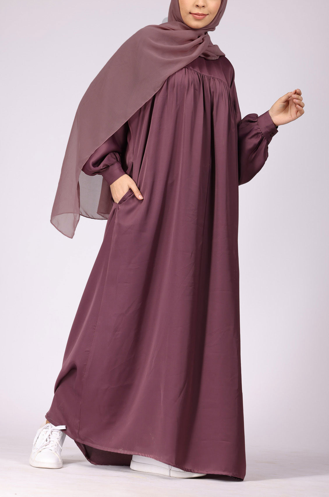 Deep Blush Satin Abaya Dress