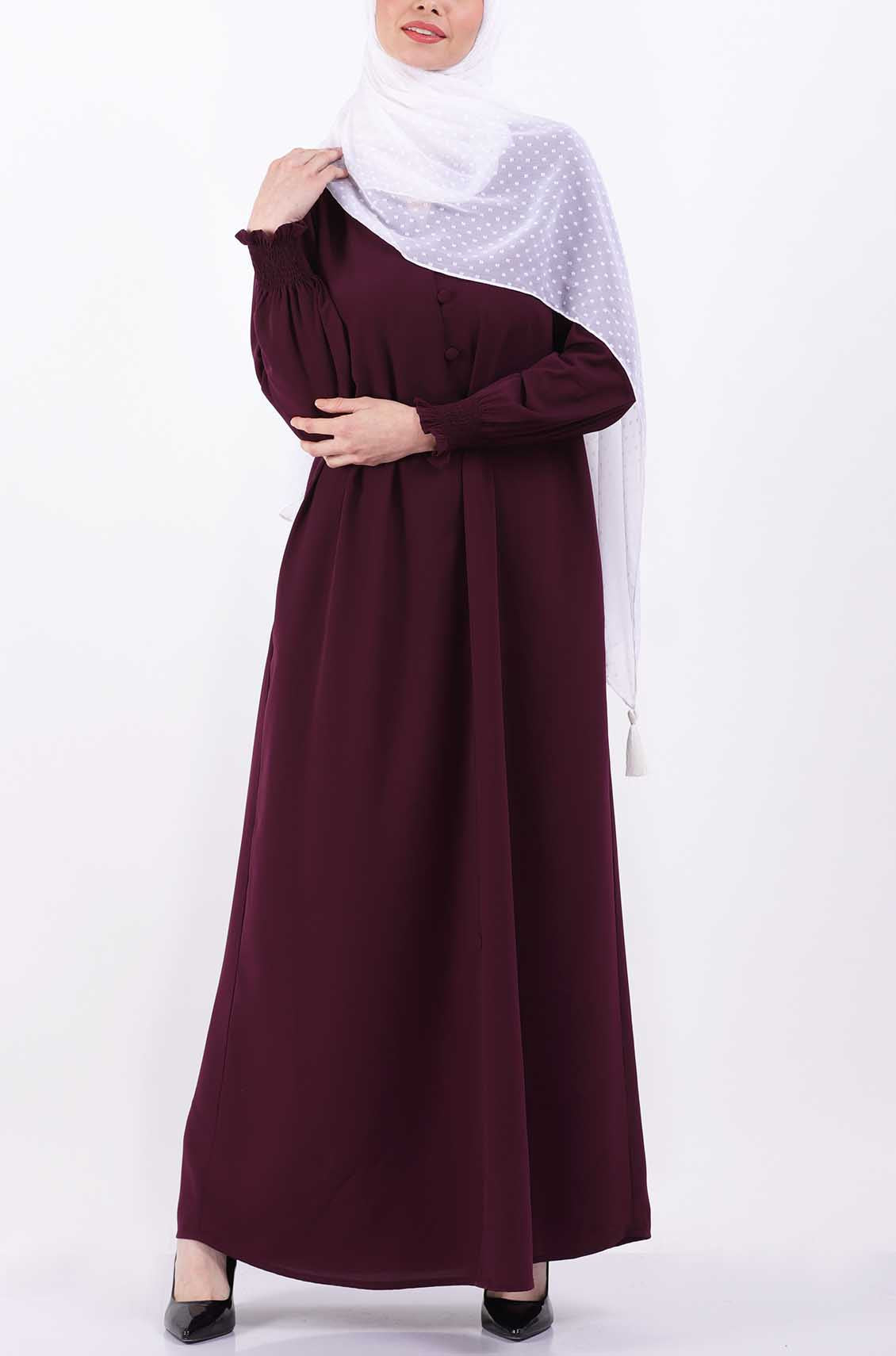 Dark Maroon Elastic Cuff Simple Abaya