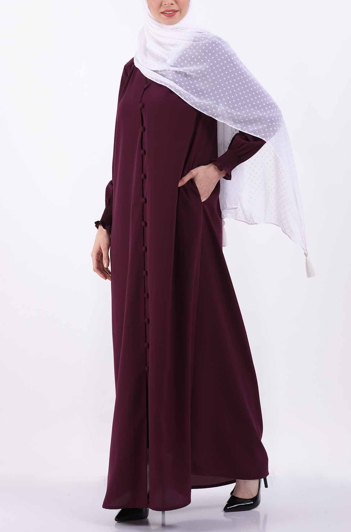 Dark Maroon Elastic Cuff Simple Abaya