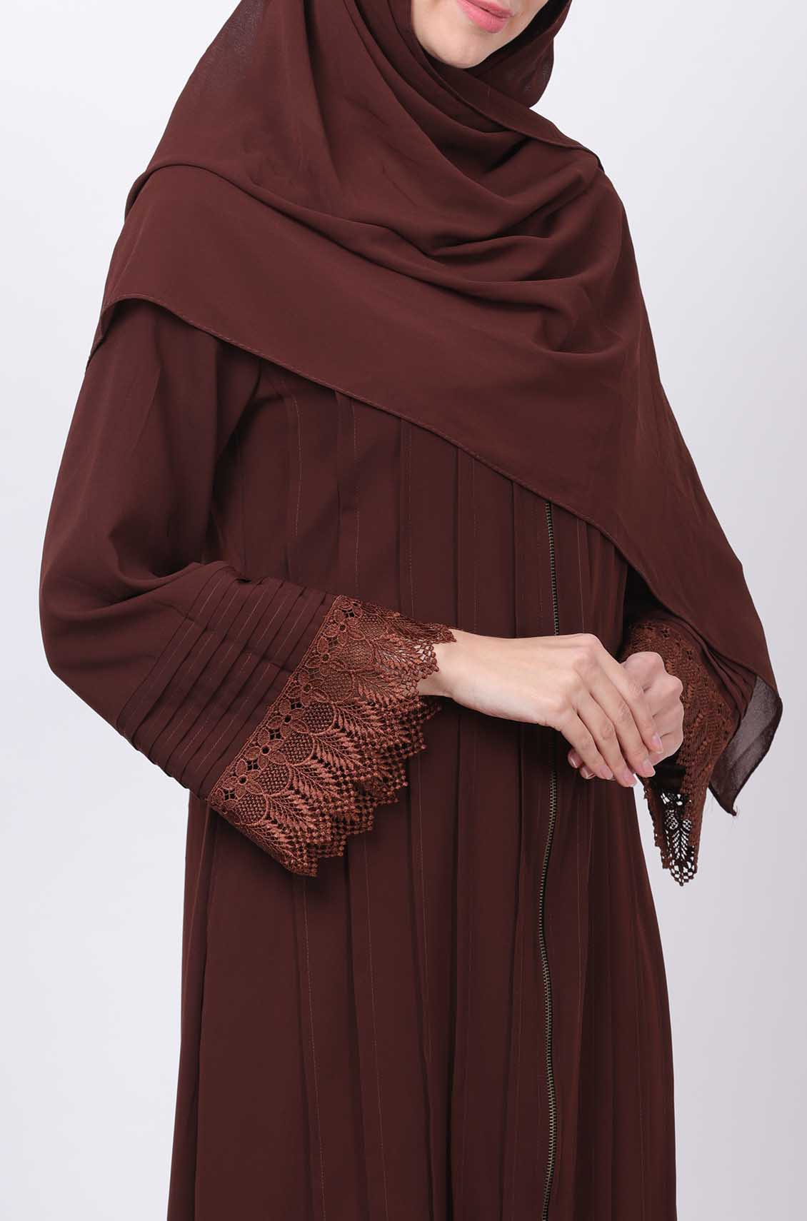 Pleated Lace Brown Abaya