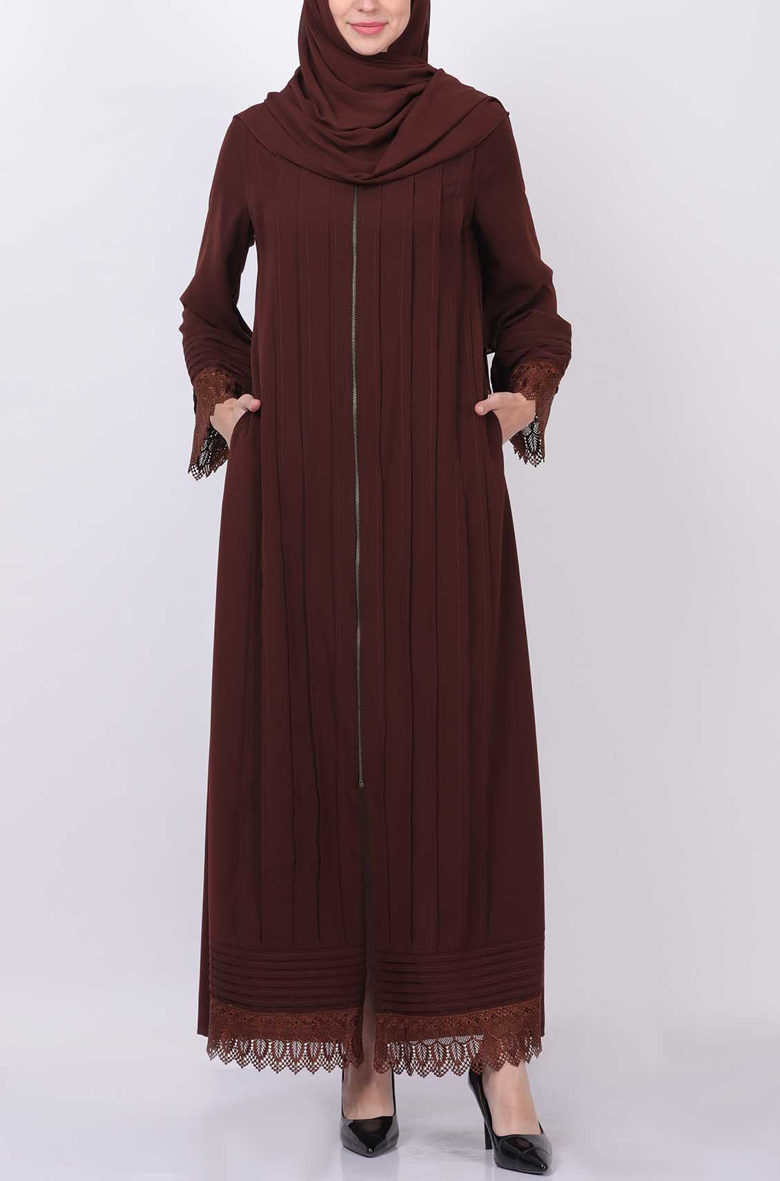 Pleated Lace Brown Abaya