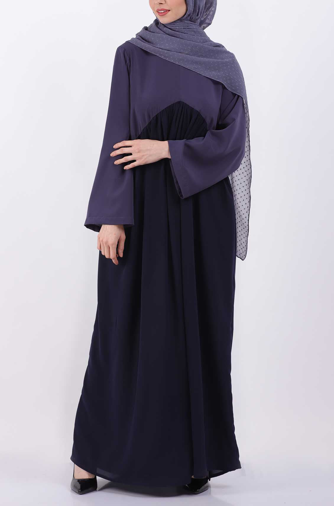 Color Block Bluish Grey Gather Abaya