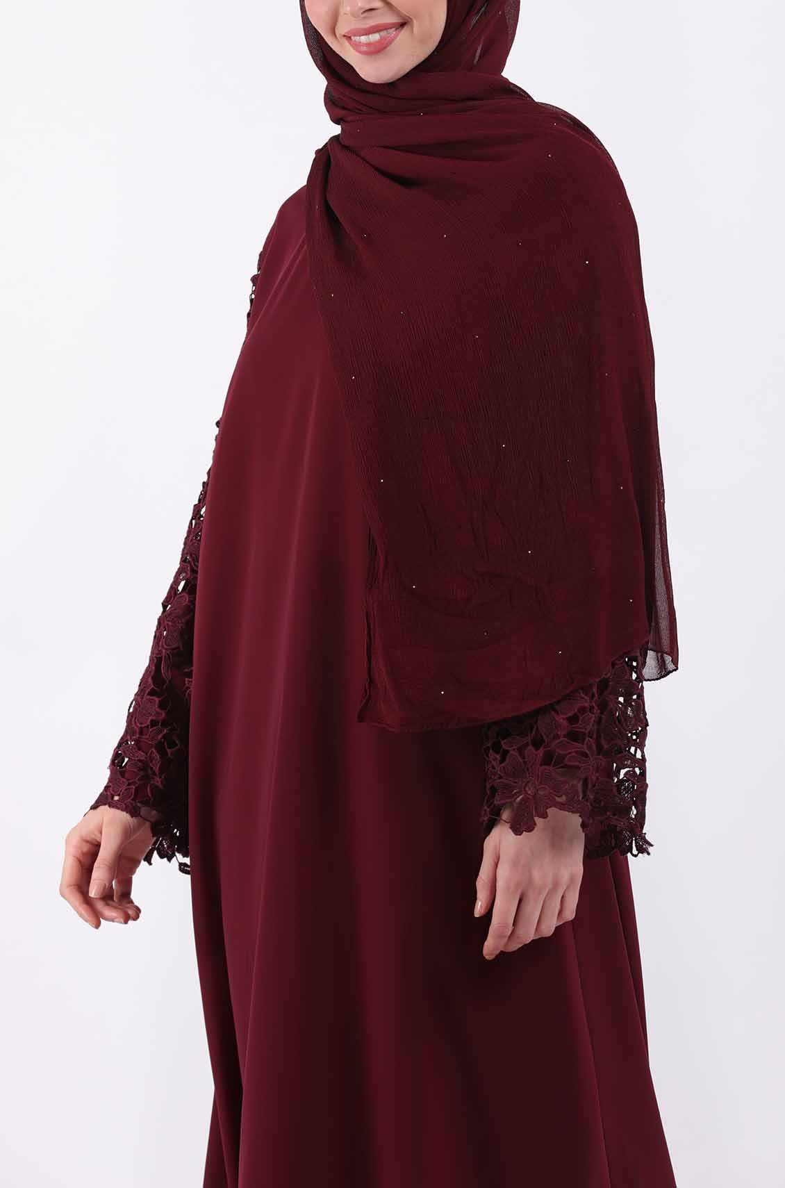 Dark Maroon Lace Luxury Party Abaya Dress