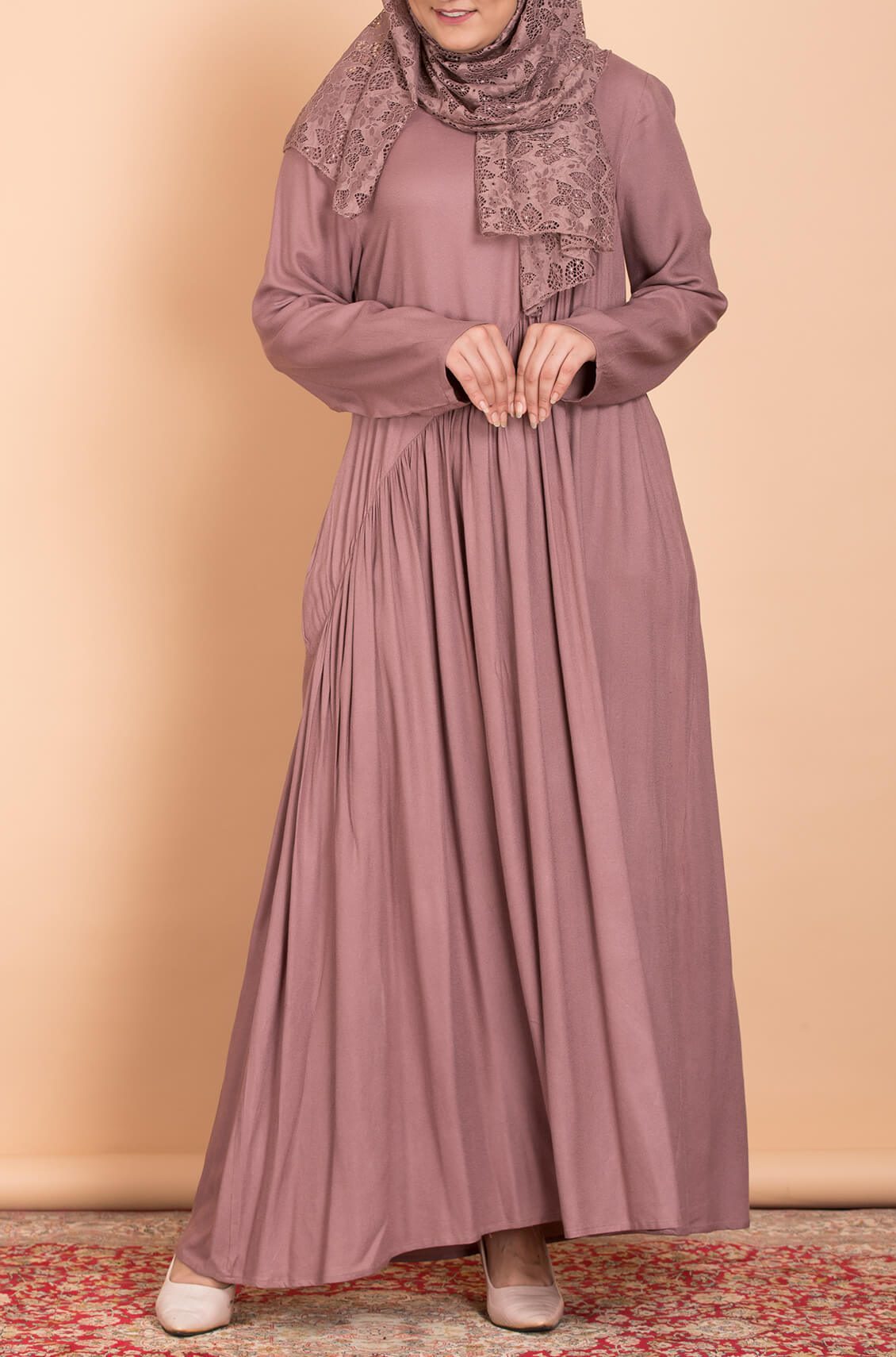 Dusty Rose Moss Gather Abaya Dress OnlyModest Dusty Rose Moss Gather Abaya Dress OnlyModest