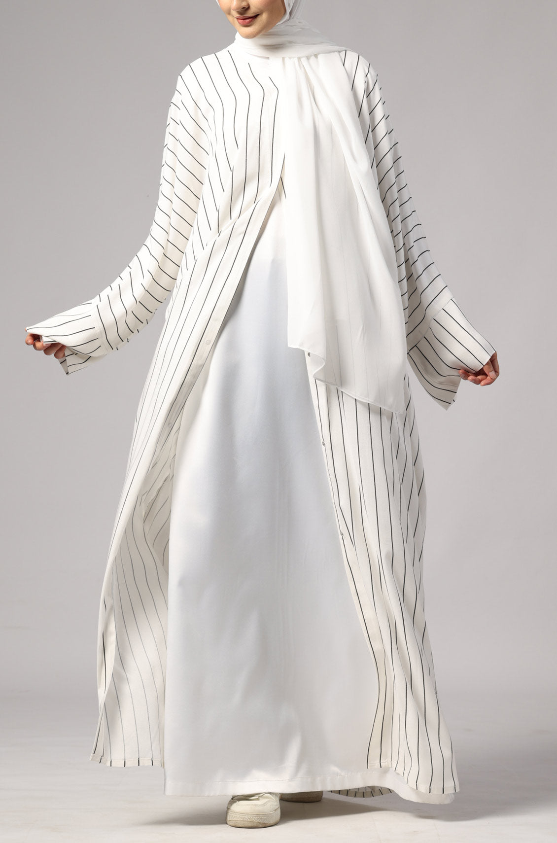 Zoya Striped Abaya- Pearl White