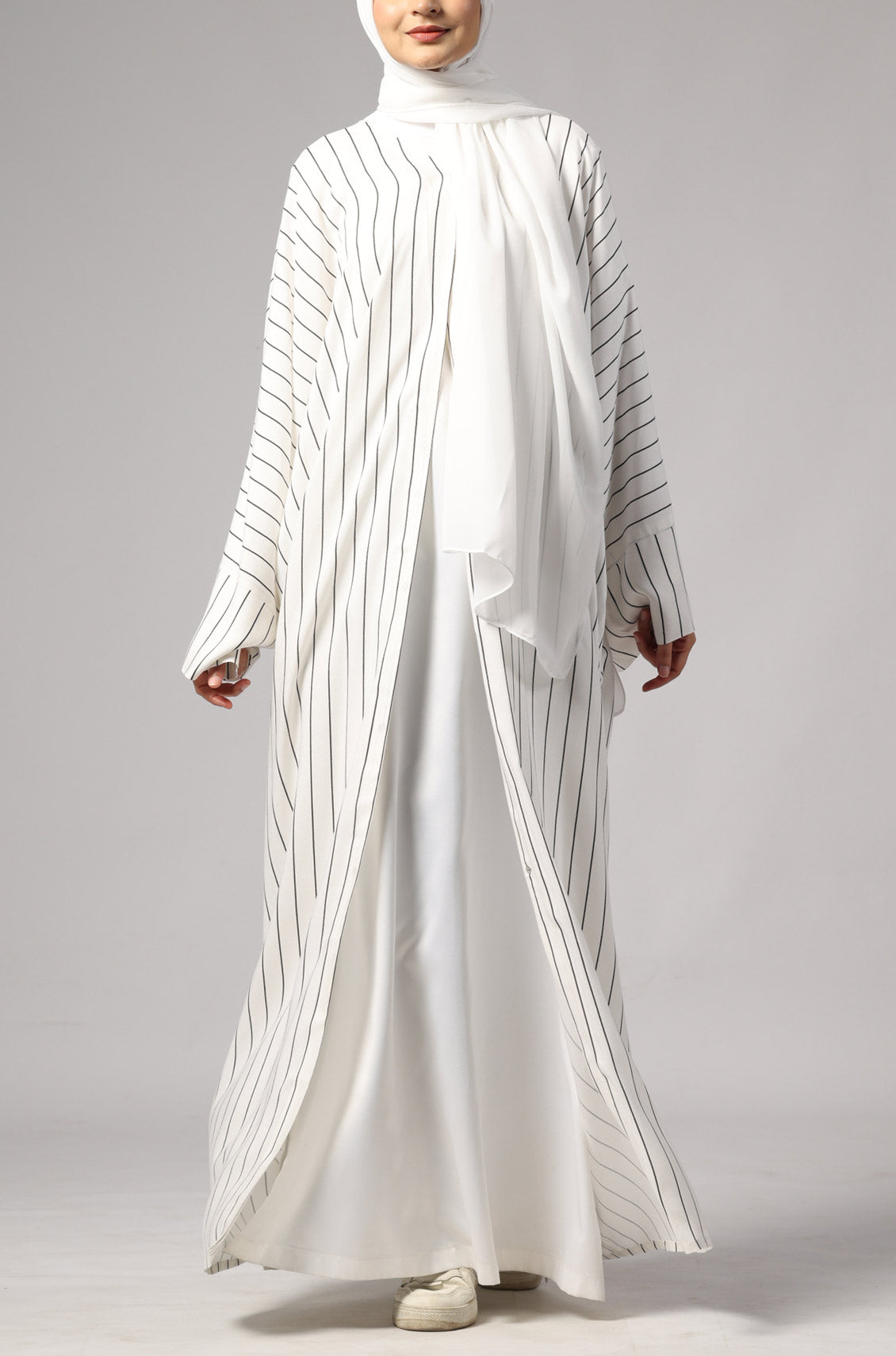 Zoya Striped Abaya- Pearl White