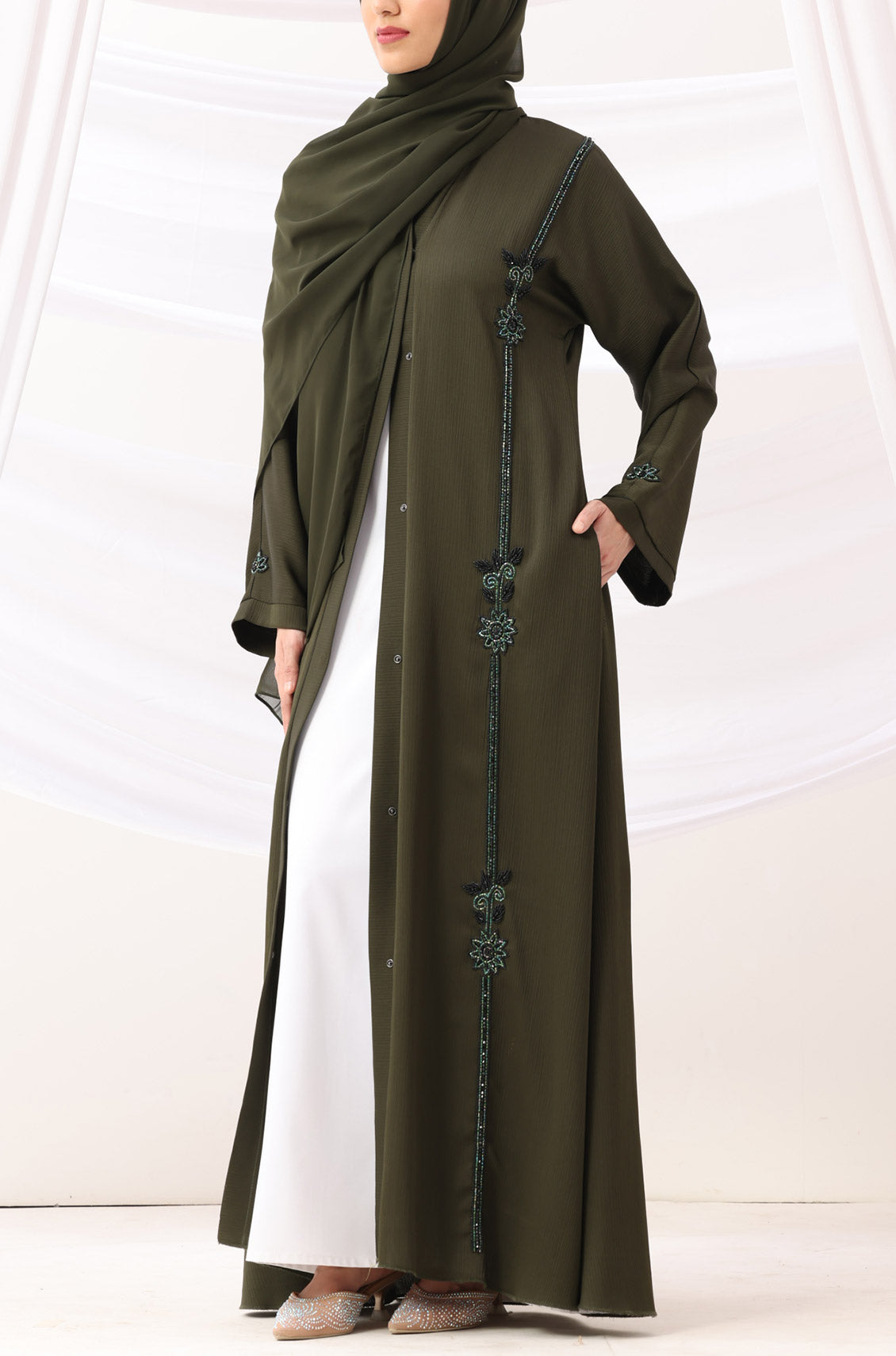 Sehr Handwork Abaya Deep Olive