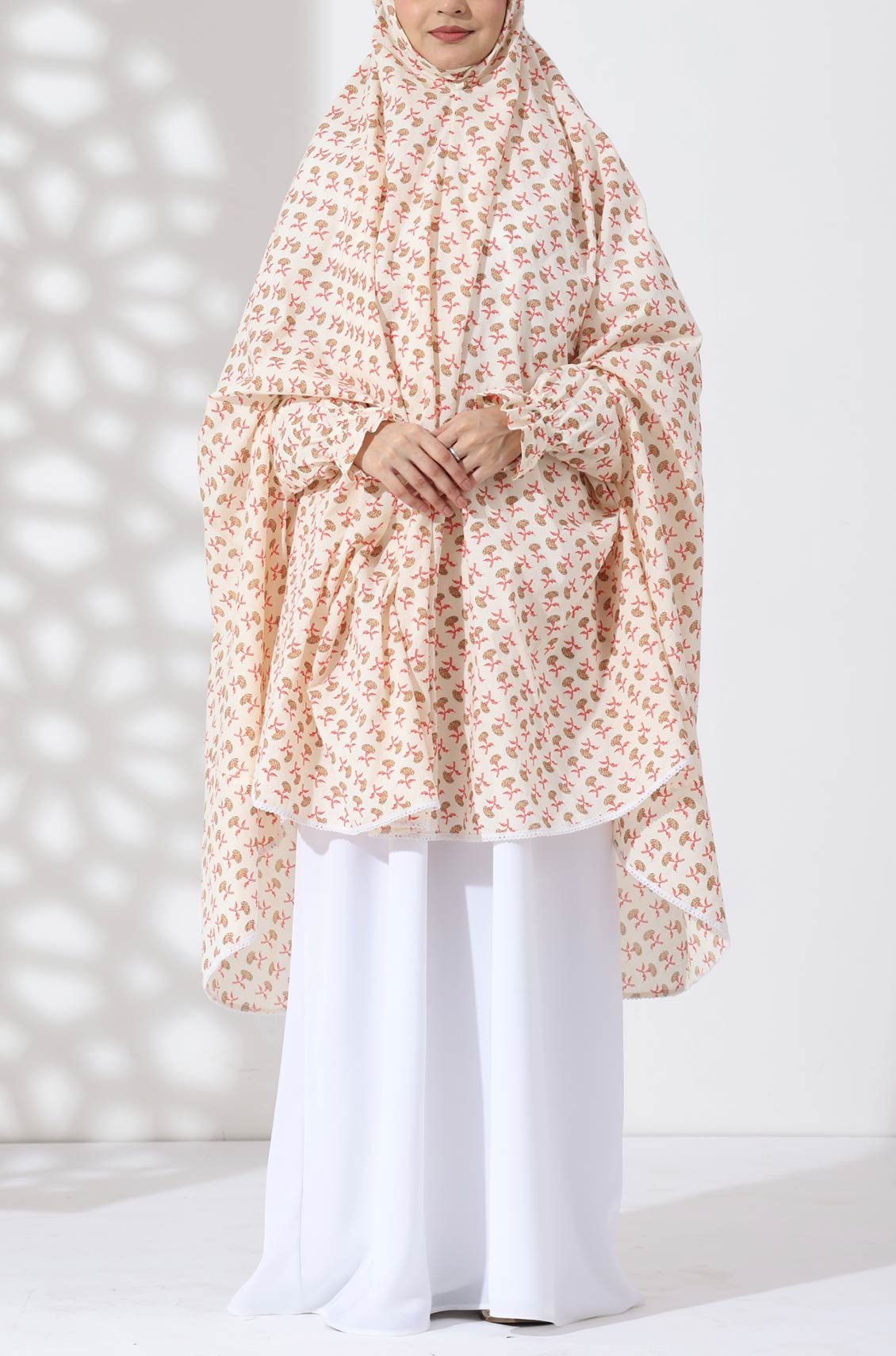 Cream Floral Knee Length Cotton Namaz Makhna