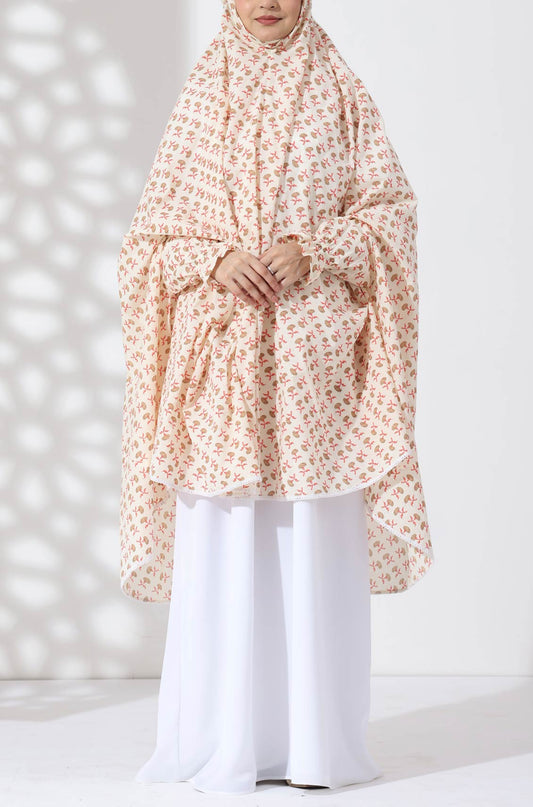Cream Floral Knee Length Cotton Namaz Makhna