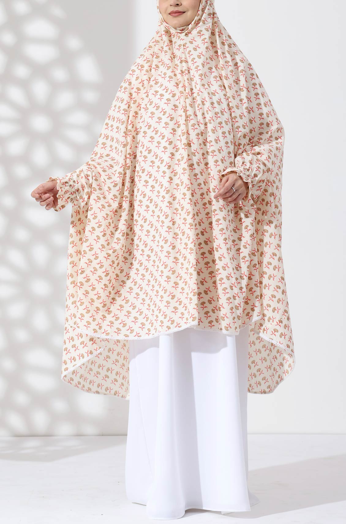 Cream Floral Knee Length Cotton Namaz Makhna