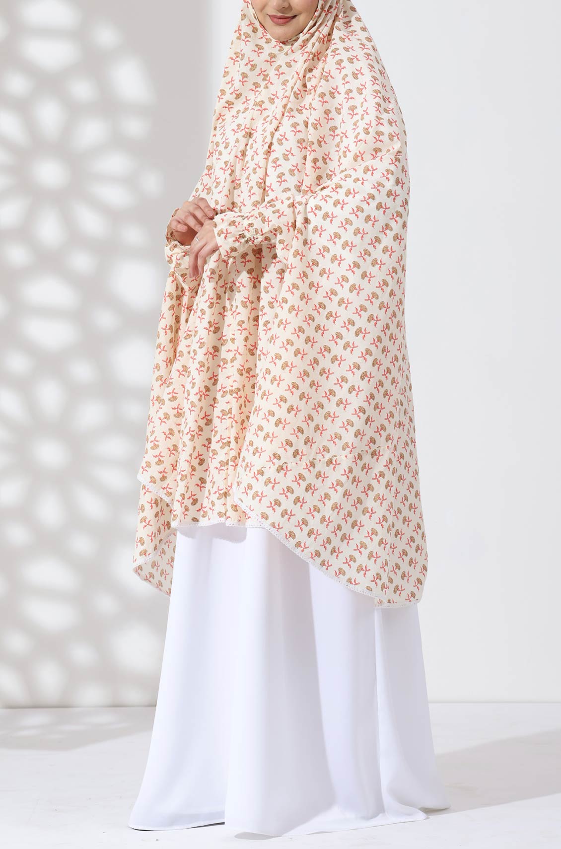 Cream Floral Knee Length Cotton Namaz Makhna