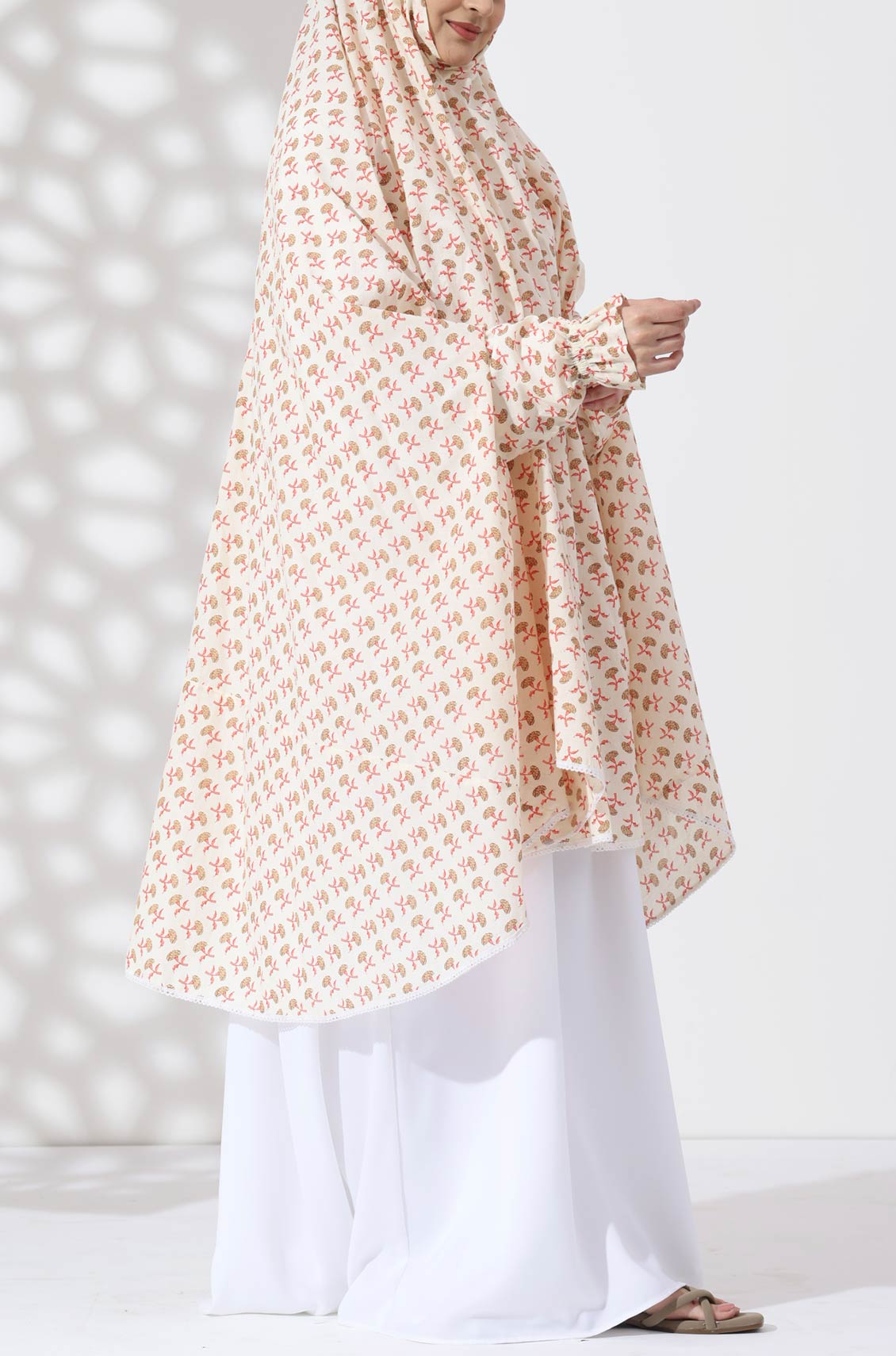 Cream Floral Knee Length Cotton Namaz Makhna