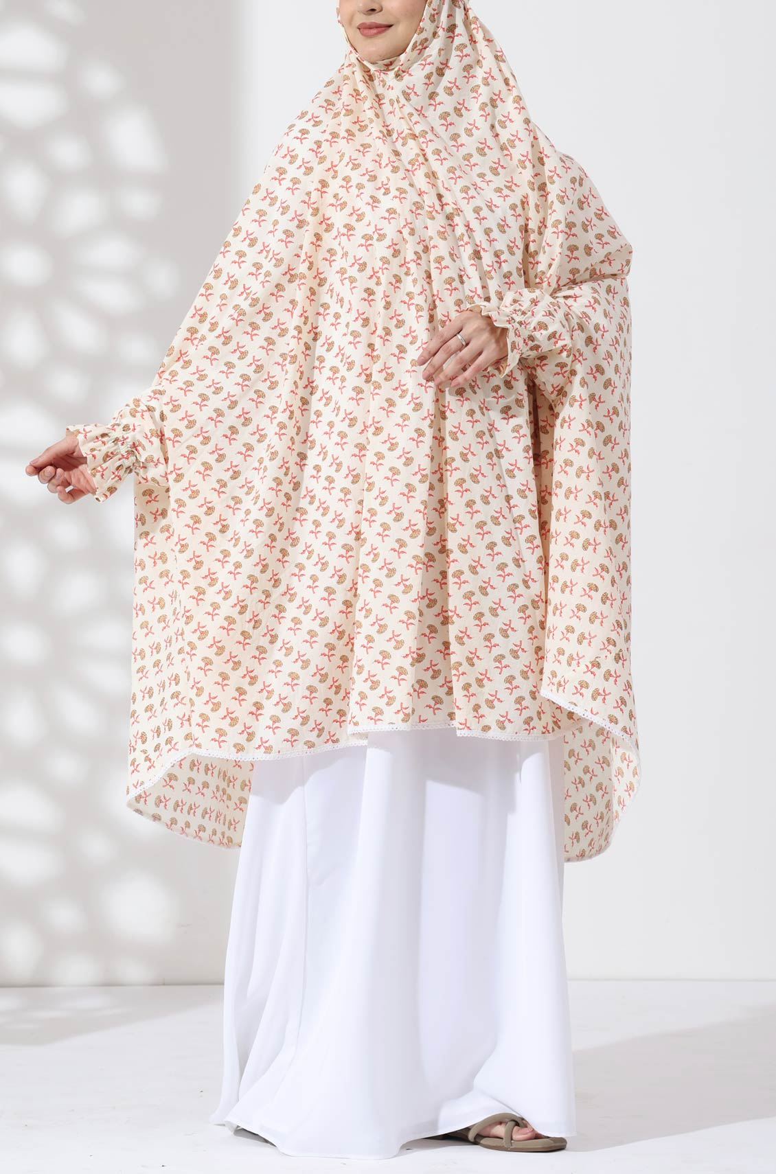 Cream Floral Knee Length Cotton Namaz Makhna