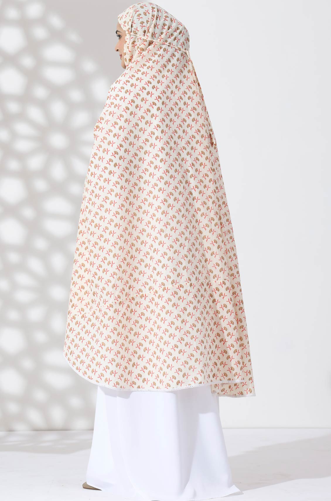 Cream Floral Knee Length Cotton Namaz Makhna