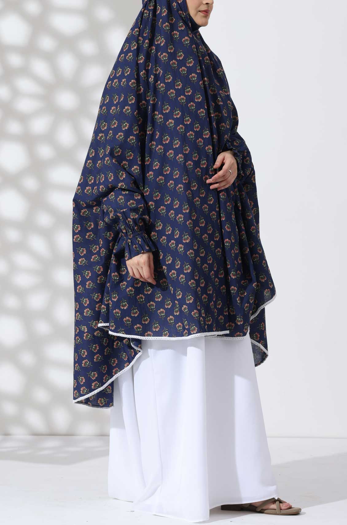 Navy Bloom Knee Length Cotton Namaz Makhna