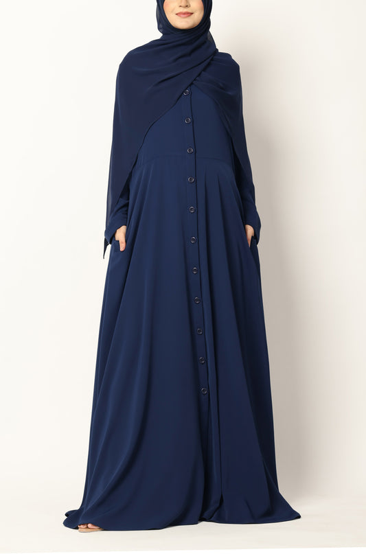 Simple Flared Abaya with Buttons - Persian Blue
