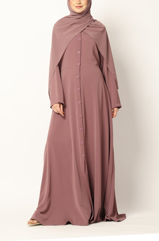 Simple Flared Abaya with Buttons - Dusty Rose