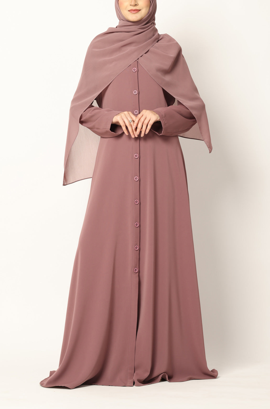 Simple Flared Abaya with Buttons - Dusty Rose