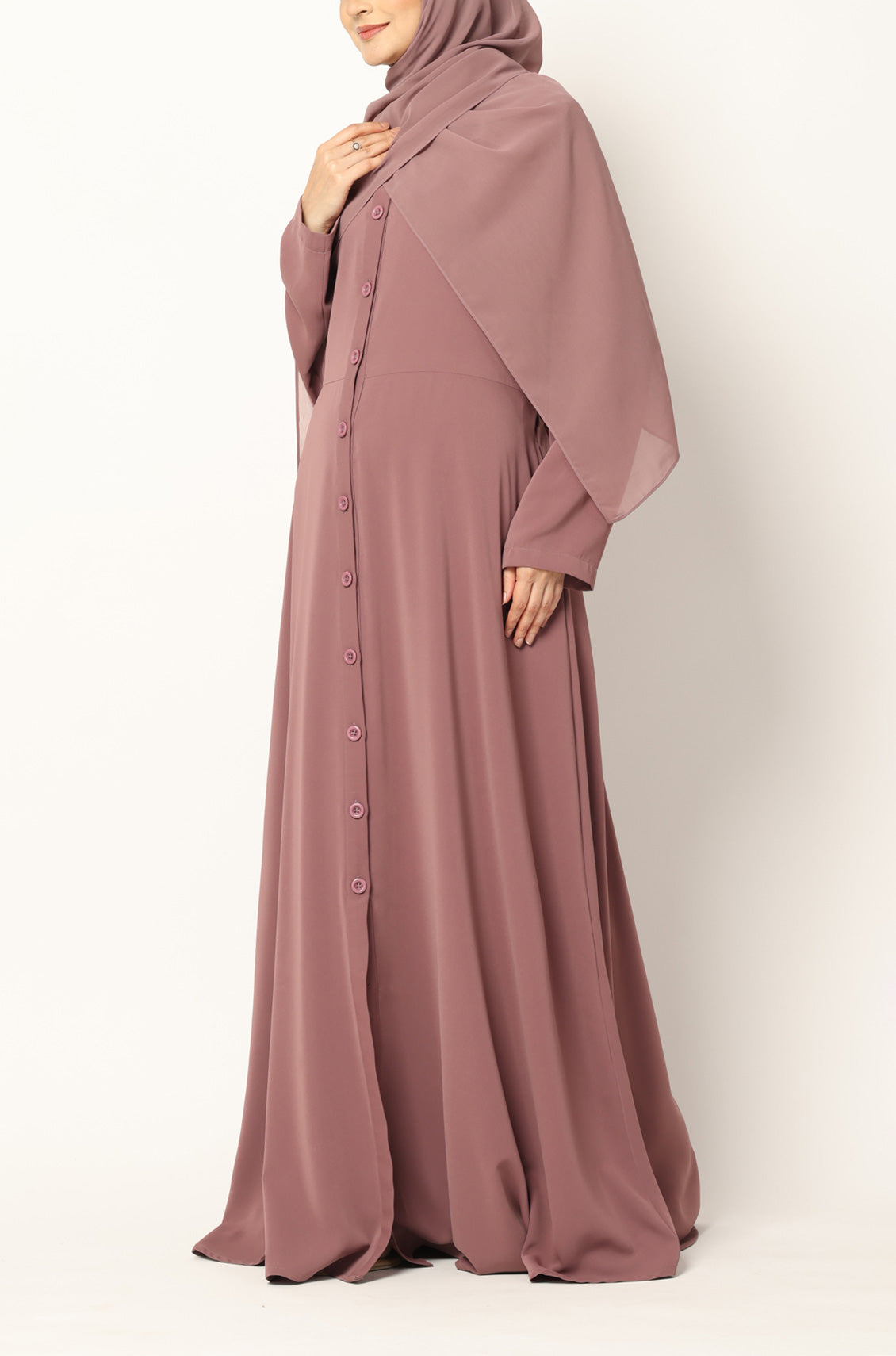 Simple Flared Abaya with Buttons - Dusty Rose