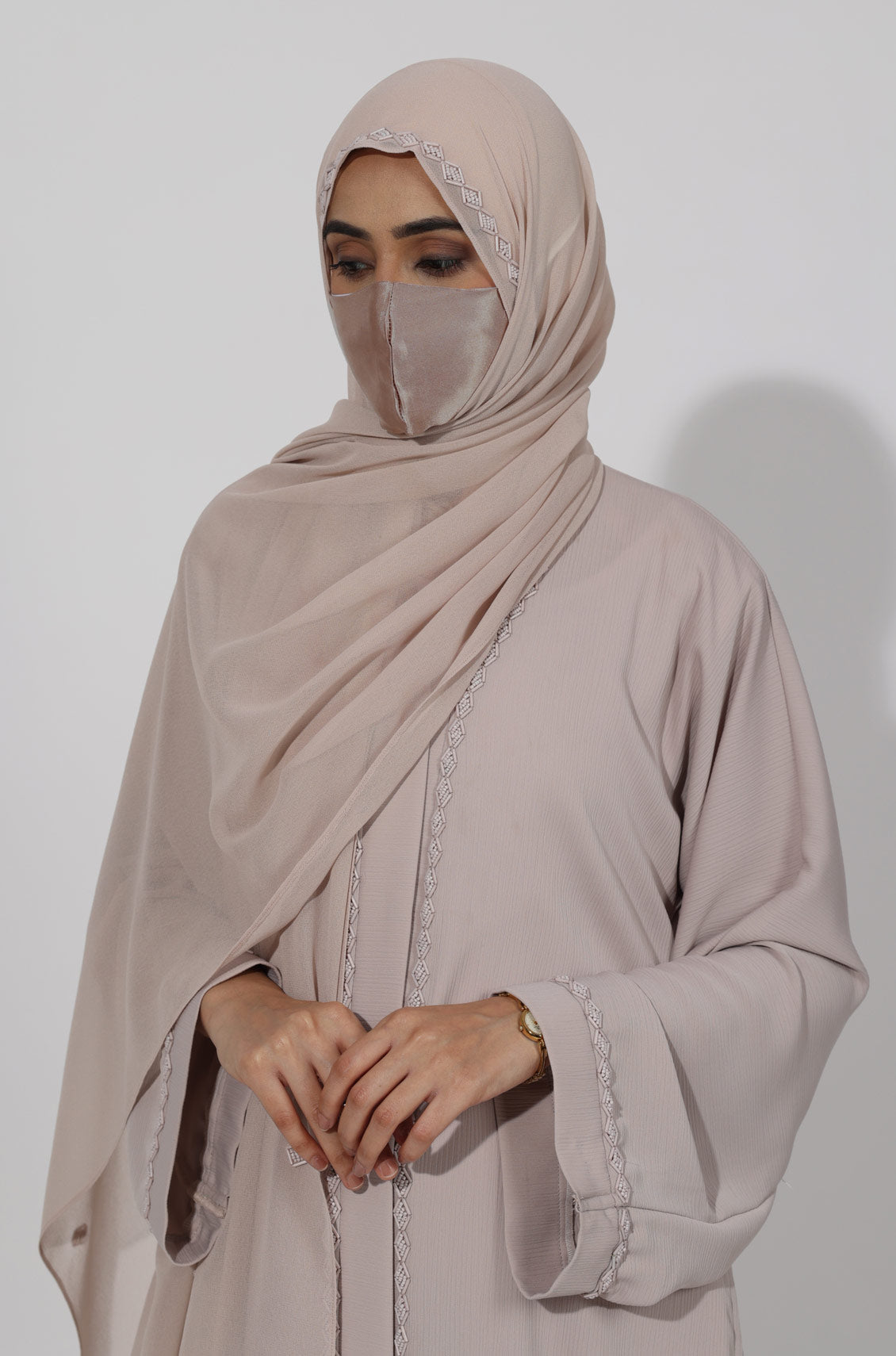 Diamond Pearl Abaya Dress Ivory Silver OnlyModest Diamond Pearl Abaya Dress Ivory Silver OnlyModest