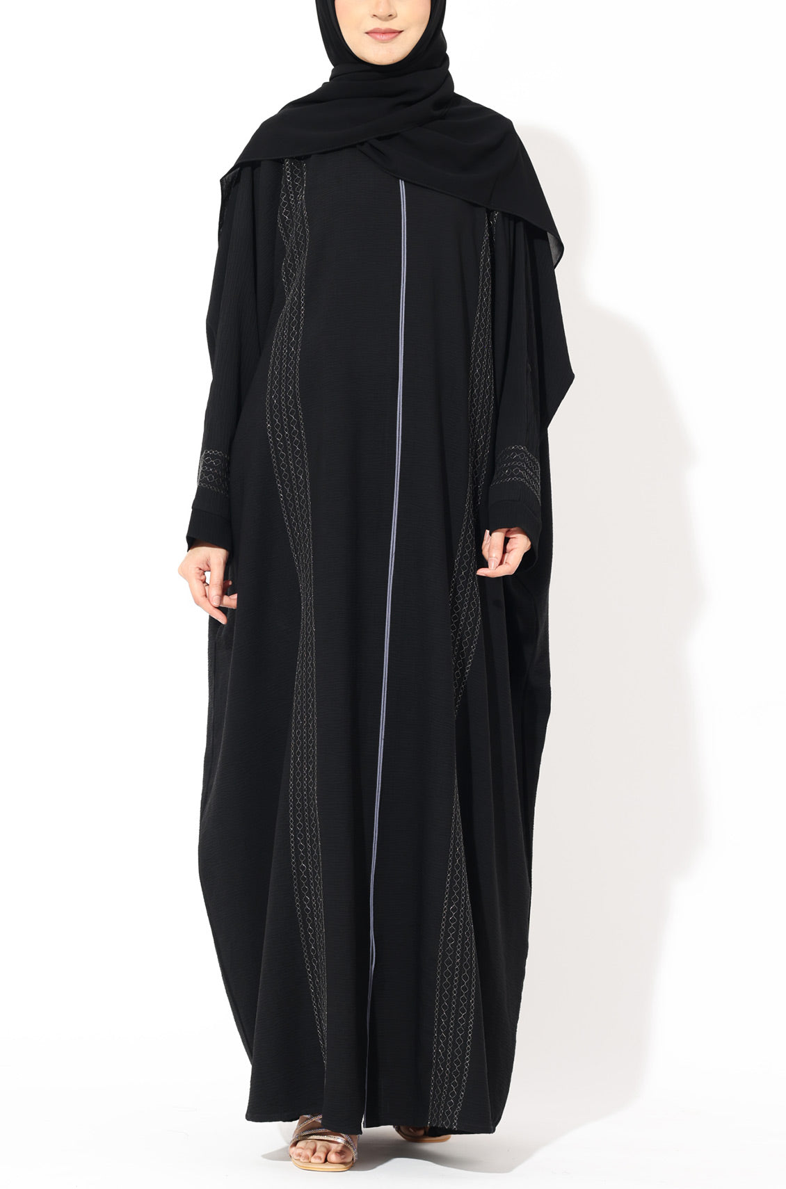 Black Zari Kaftan Abaya -Silver