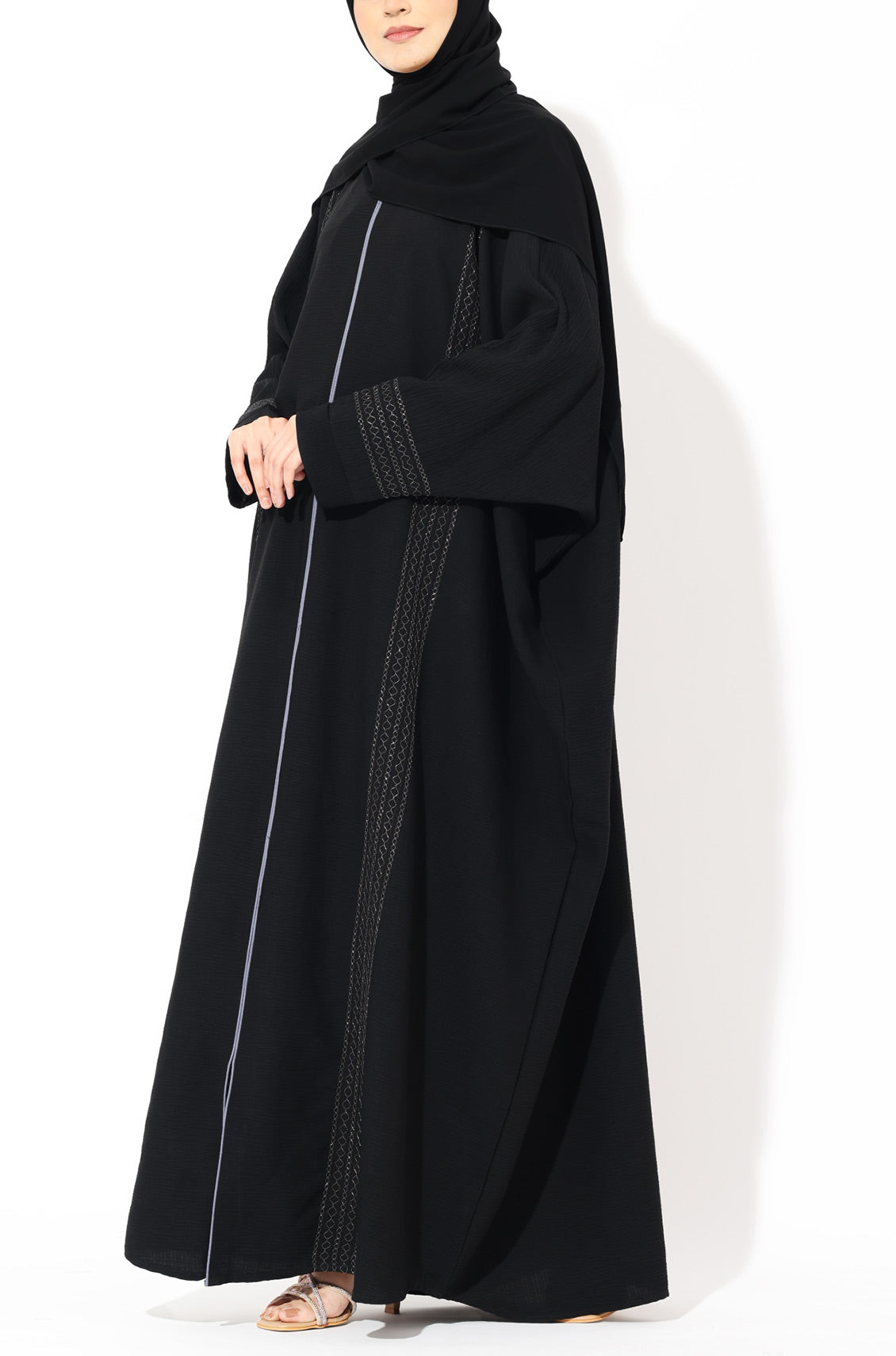 Black Zari Kaftan Abaya -Silver