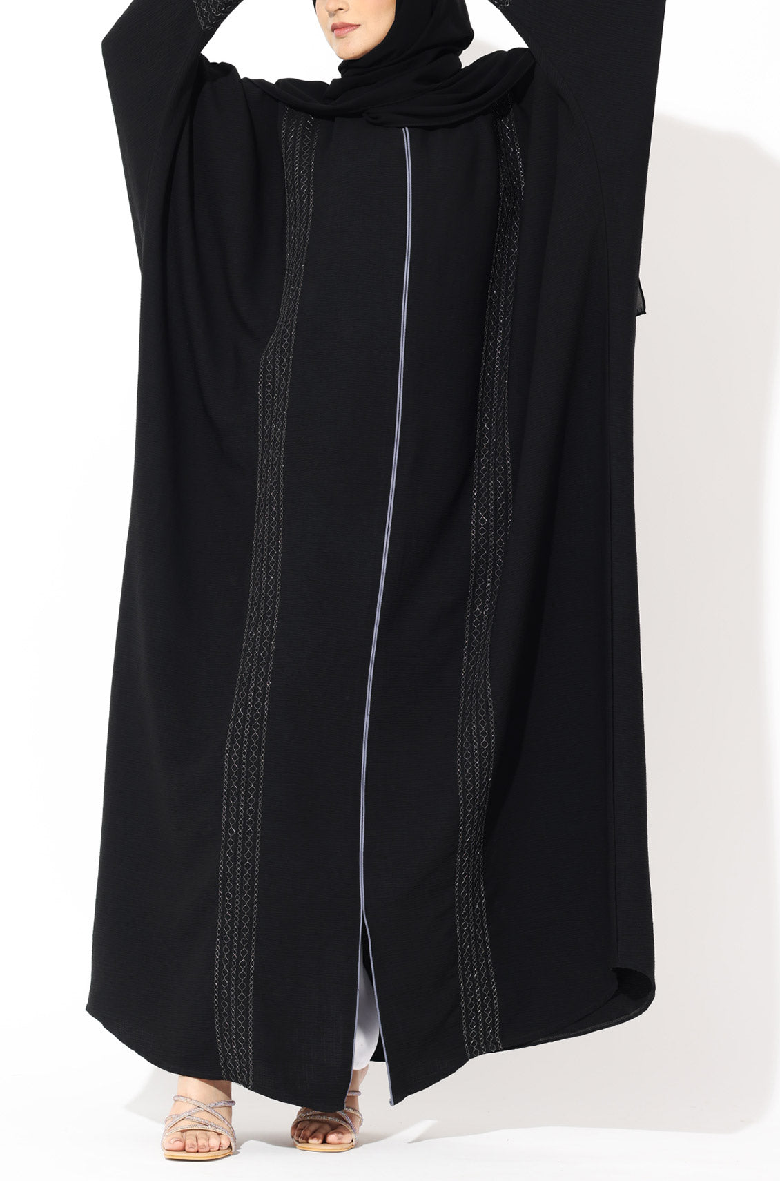 Black Zari Kaftan Abaya -Silver