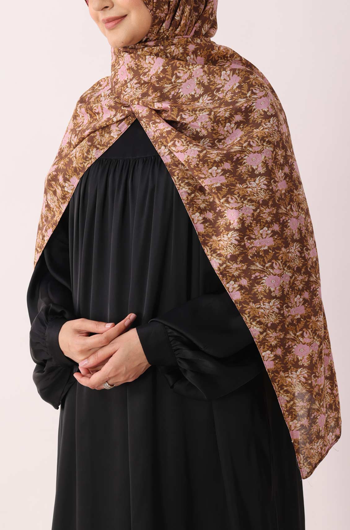 Brown Pink Flora Print Modal Hijab