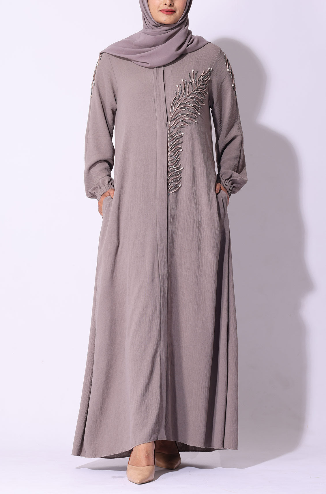 Palm Leaf Abaya Dress Grey Dust