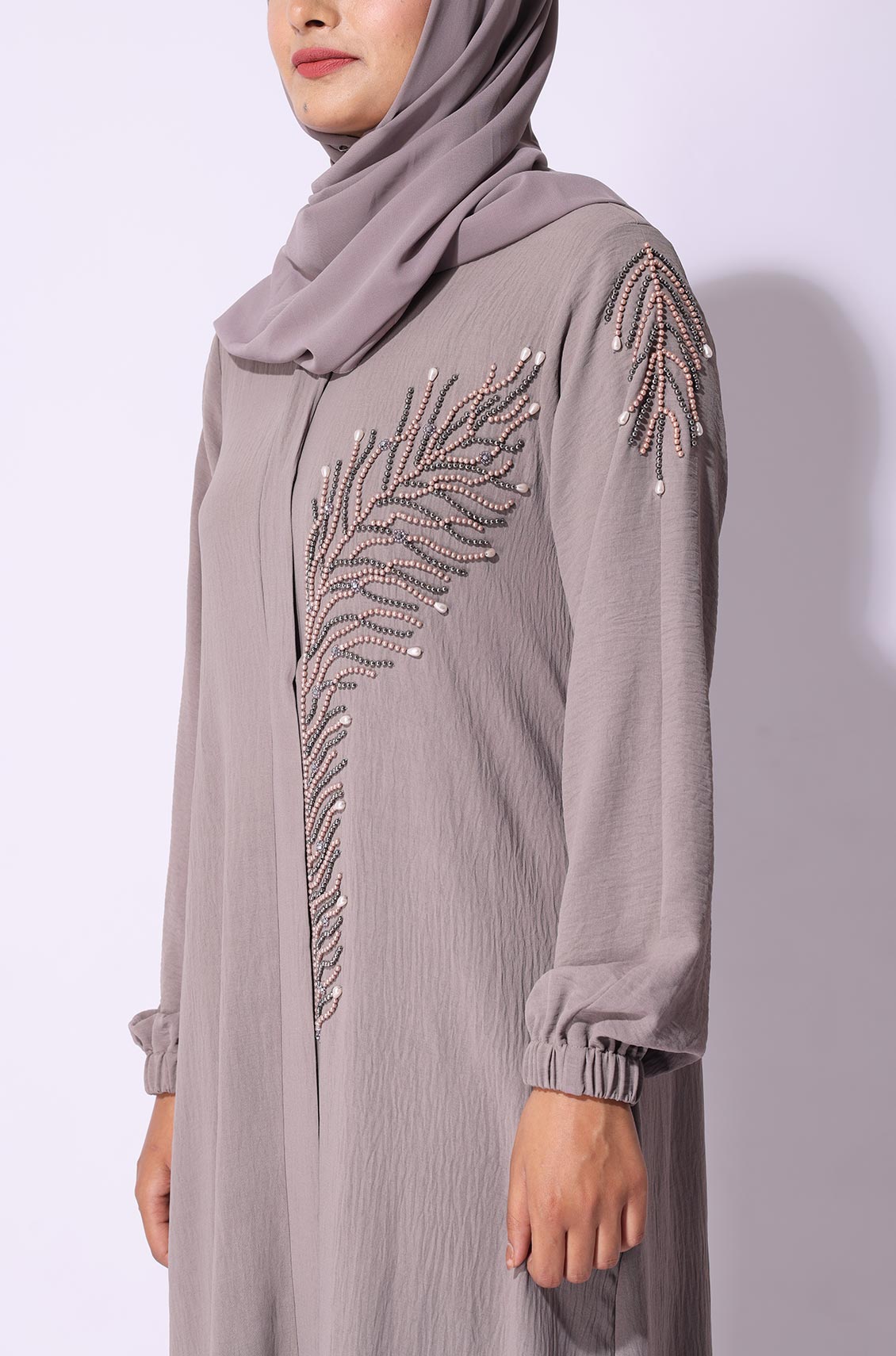 Palm Leaf Abaya Dress Grey Dust