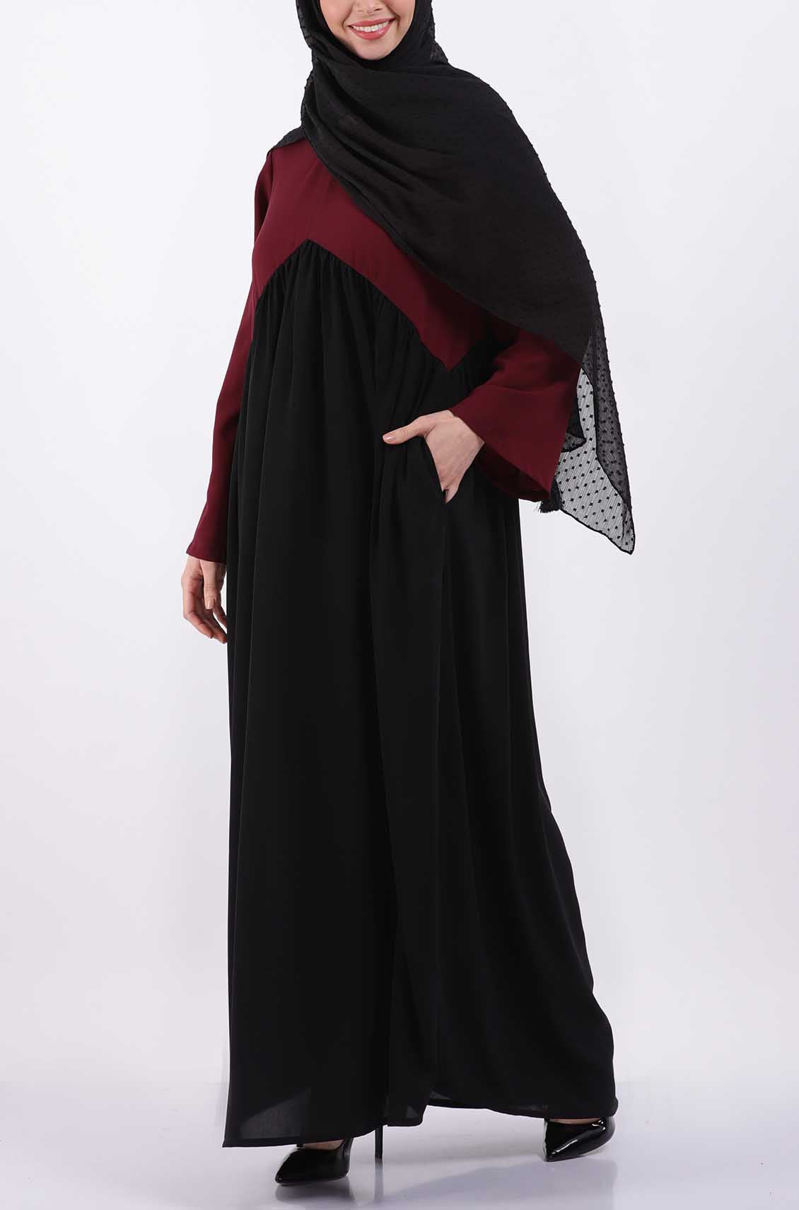 Color Block Maroon Gather Abaya – OnlyModest