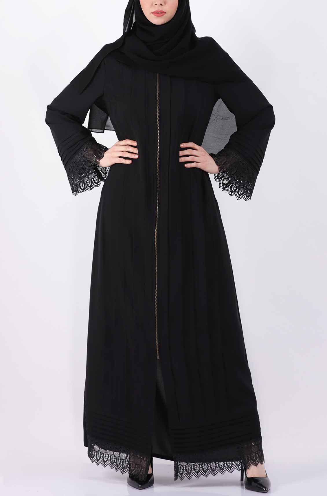 Pleated Lace Black Abaya OnlyModest