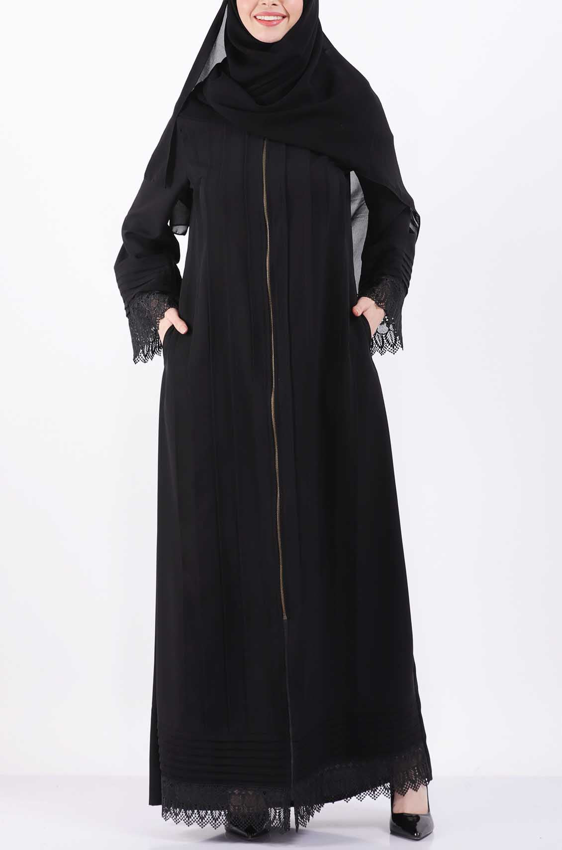 Pleated Lace Black Abaya