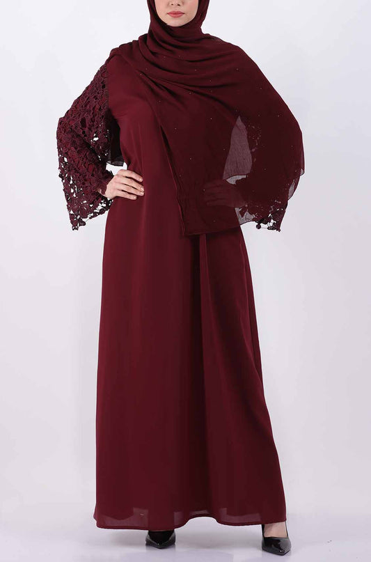 Dark Maroon Lace Luxury Party Abaya Dress