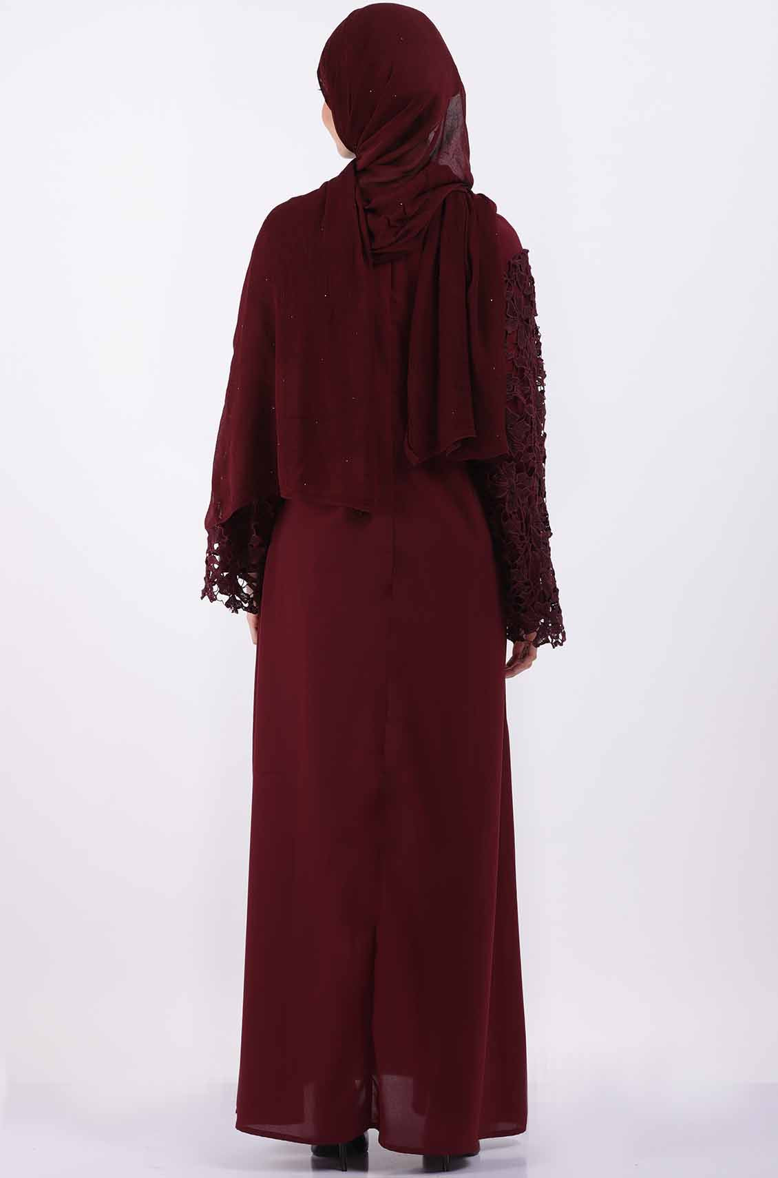 Dark Maroon Lace Luxury Party Abaya Dress