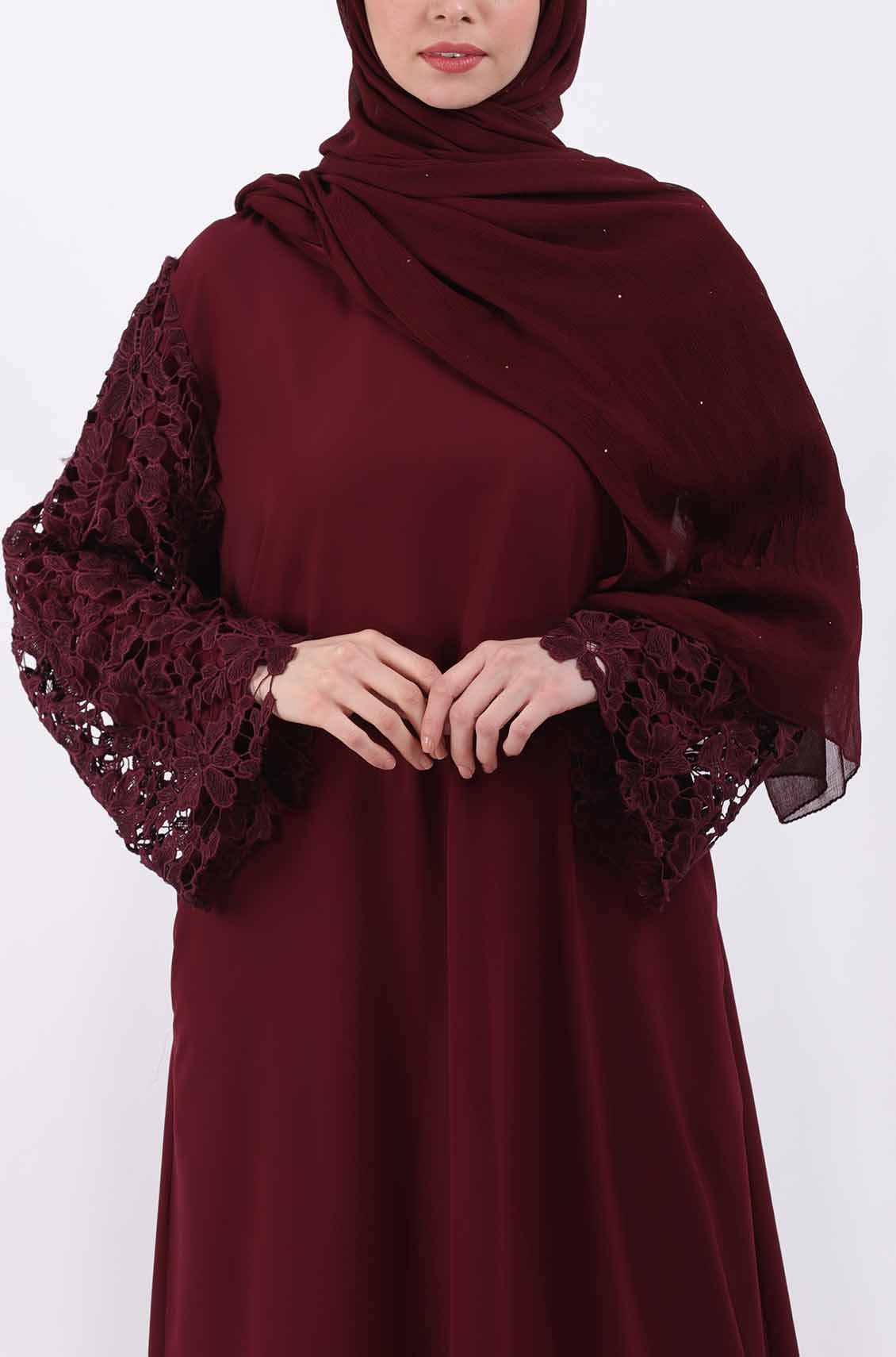 Dark Maroon Lace Luxury Party Abaya Dress