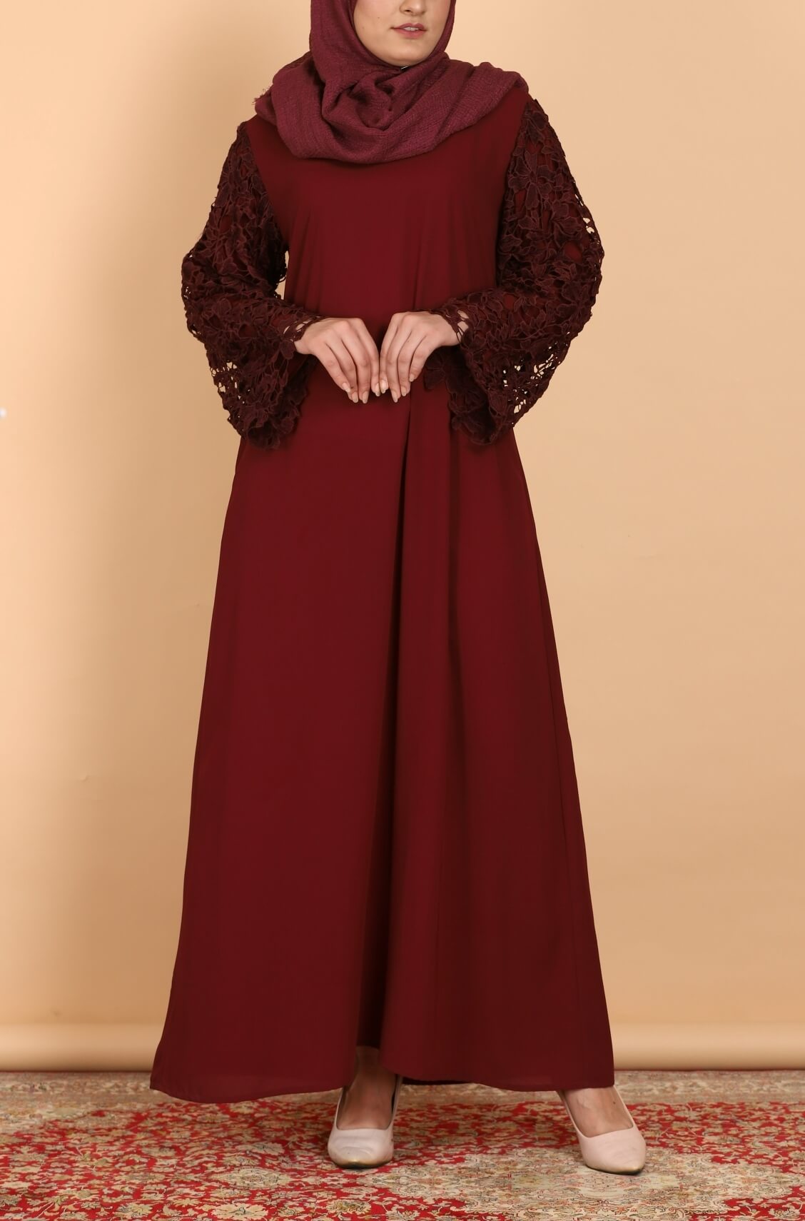 Dark Maroon Lace Luxury Party Abaya Dress