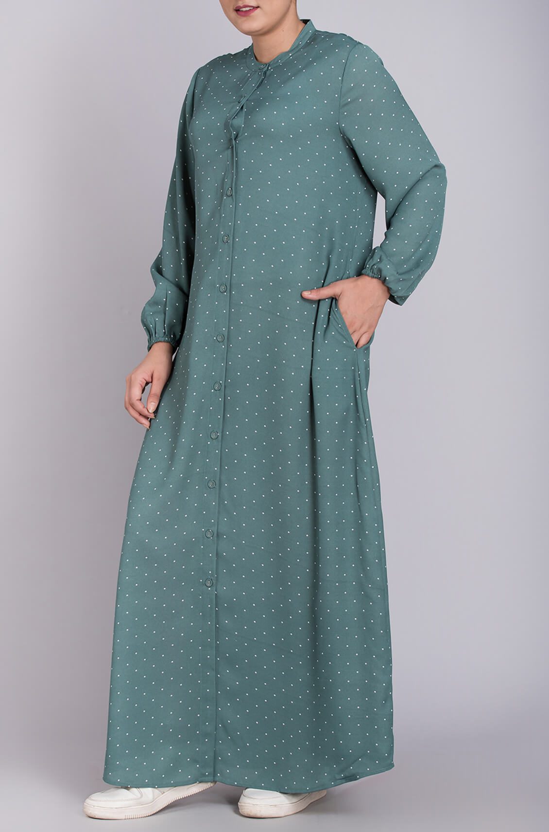 Sea Green Polka Print Maxi Abaya Dress